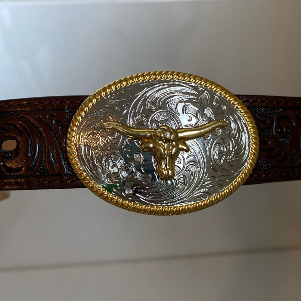 3D leather kids western belt with Longhorn belt buckle